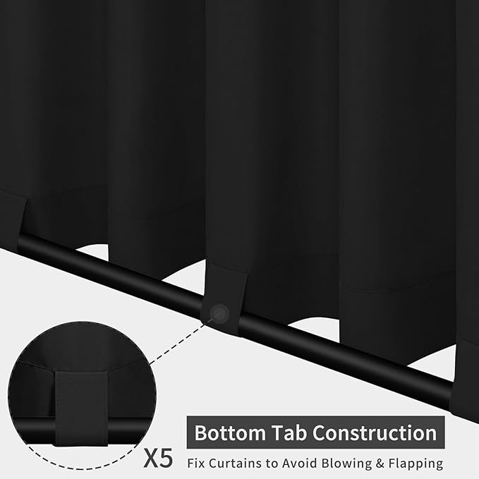 Easy-Going Outdoor Patio Curtains Detachable Tab Top Windproof Weatherproof Curtain for Cabana, Porch, Pergola and Gazebo, Tab Bottom Drape, 2 Panels, 110W x 108L inch, Black