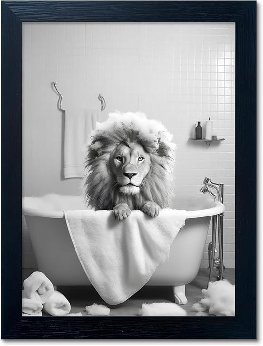 Framed Black and White Lion Wall Art Bathroom Pictures Wall Decor Funny by Melpa+Art