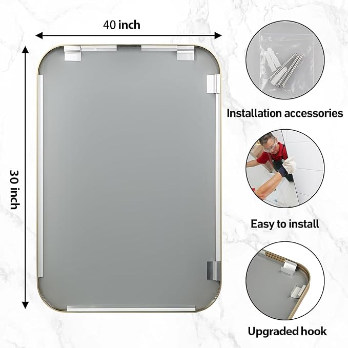 40x30 Inch Gold Bathroom Mirror, Brushed Gold Metal Framed Rectangular Mirror - Image 6