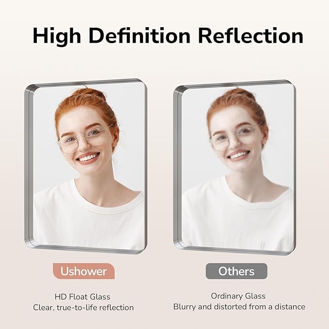 USHOWER Brushed Nickel Bathroom Mirror 24"x36", Rounded Corner, Aluminum Frame - Image 2