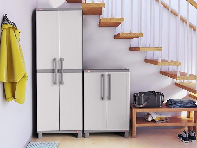 Keter Storage Cabinet with Doors and Shelves for Laundry Room, Garage, Bathroom Accessories, Closet and Home Organization, White & Grey