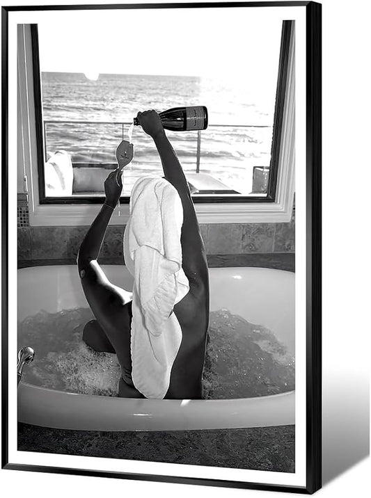 Trendy Black and White Poster Funny Woman Drinking Wine in Bathtub Wall Art by Acqooeakt