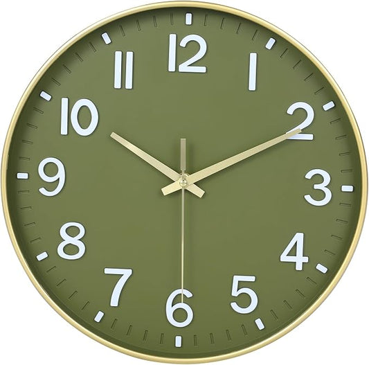 HZDHCLH Wall Clocks Battery Operated, Wall Clock Green Gold, 14 inch Wall Clock by HZDHCLH