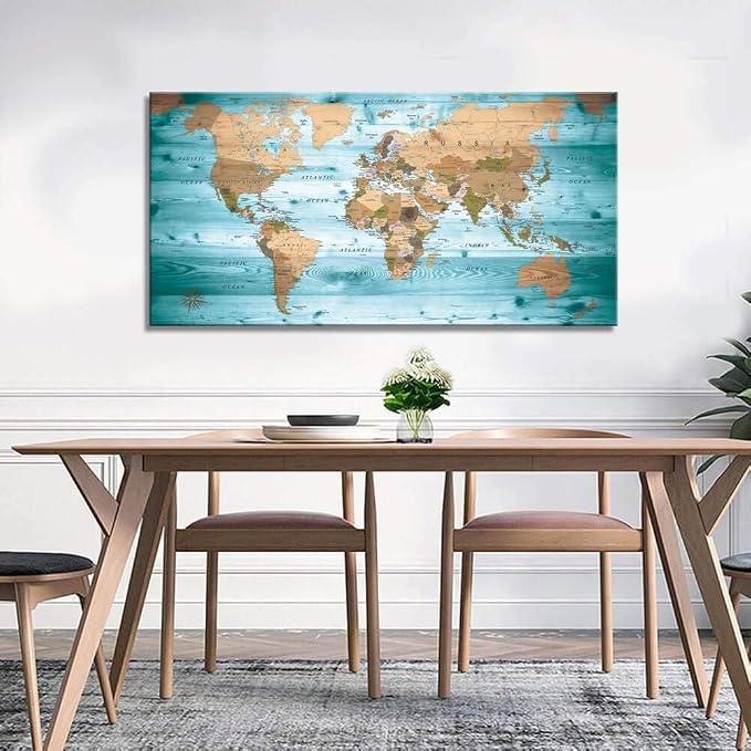 Large Wall Art Blue map of The World Painting Ready to Hang 29"x58"Large Framed - Image 4