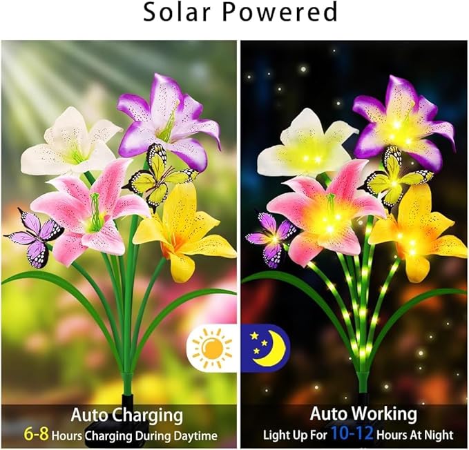 Solar Garden Lights 2 Pack with 8 lilies Outdoor Decorative flower Lights for Garden, Birthday Gift for family and Friends, IP65 Waterproof flower Solar Outdoor Stake Light for Yard Patio Lawn Pathway