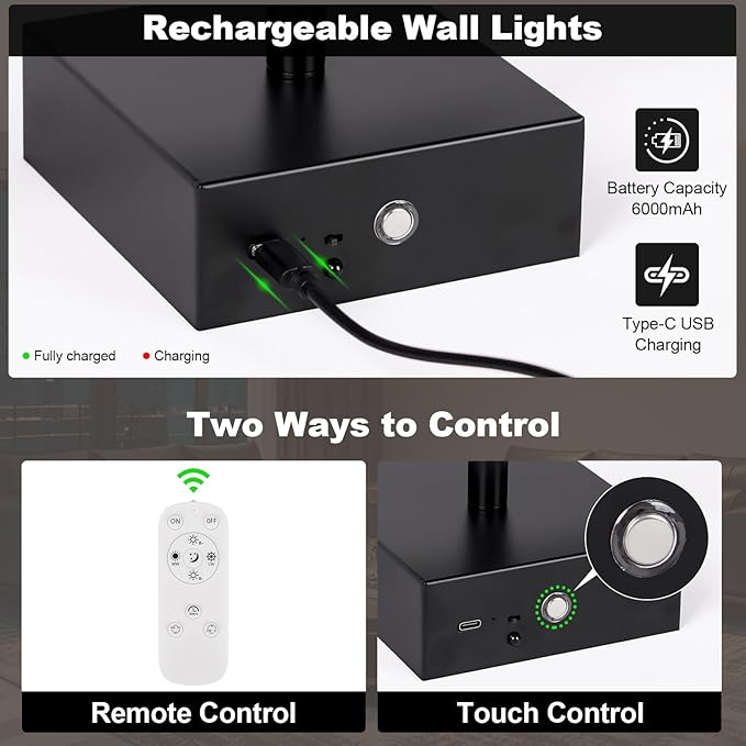 Wall Sconces Set of Two with Remote Control, 39.4 in Dimmable Black Battery - Image 5