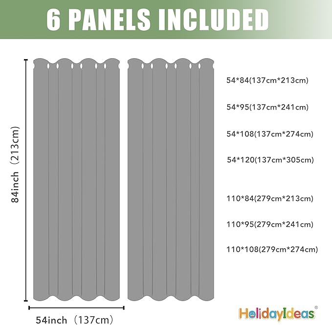 HolidayIdeas Waterproof Outdoor Curtains for Patio, 6 Panels - 54x108 Inches - Weatherproof Privacy Outsides Curtains for Backyard Porch Gazebo, Sunlight & UV Blocking (Black, Grommet Top)