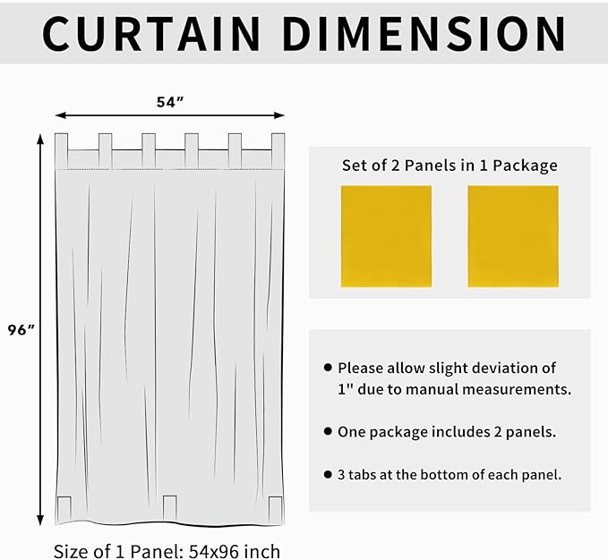 Easy-Going Outdoor Patio Curtains Detachable Tab Top Windproof Weatherproof Curtain for Cabana, Porch, Pergola and Gazebo, Tab Bottom Drape, 2 Panels, 54W x 96L inch, Yellow