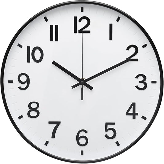 Wall Clock 12Inch White-Black Modern Simple Quartz Decorative Clock Non-Ticking by BAKBRAND