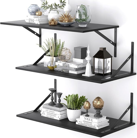 Deep Floating Shelves for Wall Set of 3, 24W x 12 Inch Deep Black Floating by Unknown