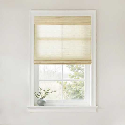 TWOPAGES Natural Woven Ramie Roman Shades, Custom Cordless No Drill or by TWOPAGES