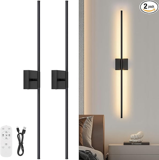 Wall Sconces Set of Two with Remote Control, 39.4 in Dimmable Black Battery by JZEKVN