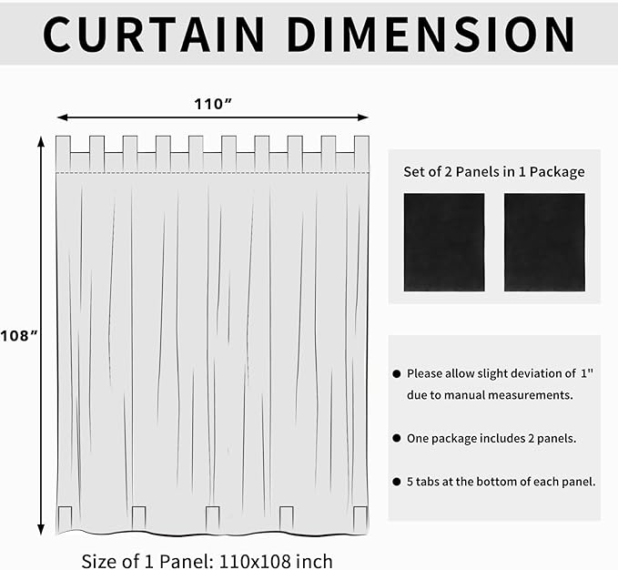 Easy-Going Outdoor Patio Curtains Detachable Tab Top Windproof Weatherproof Curtain for Cabana, Porch, Pergola and Gazebo, Tab Bottom Drape, 2 Panels, 110W x 108L inch, Black