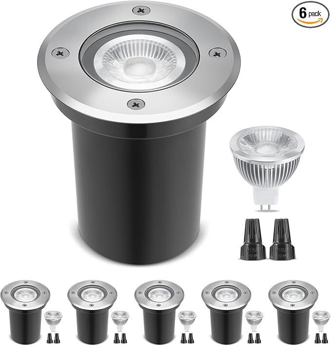 Gardencoin Low Voltage Landscape LED Well Lights, 12V in Ground Lights Outdoor IP67 Waterproof, 4.3 inch Wired Landscape Up Lighting, Included Replaceable 5W 2700K MR16 Bulb Dimmable, 6 Pack