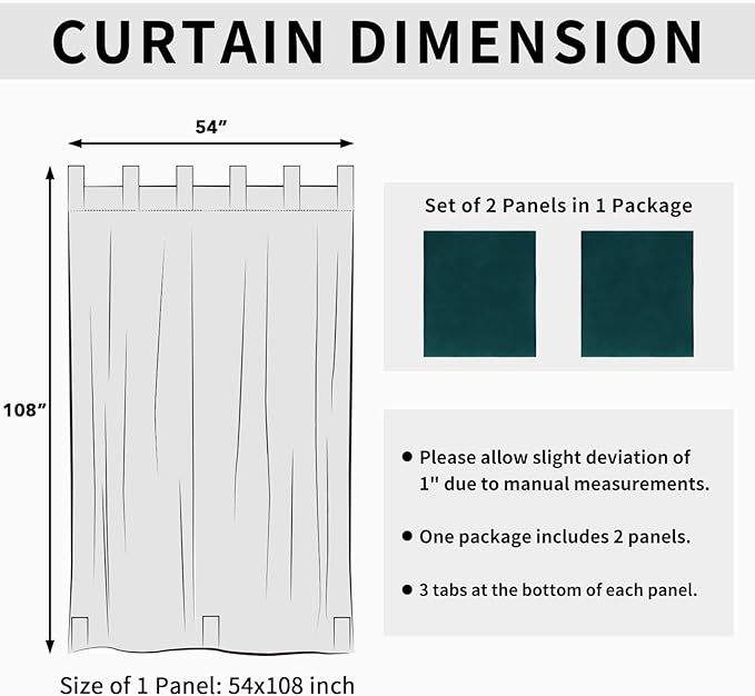 Easy-Going Outdoor Patio Curtains Detachable Tab Top Windproof Weatherproof Curtain for Cabana, Porch, Pergola and Gazebo, Tab Bottom Drape, 2 Panels, 54W x 108L inch, Teal