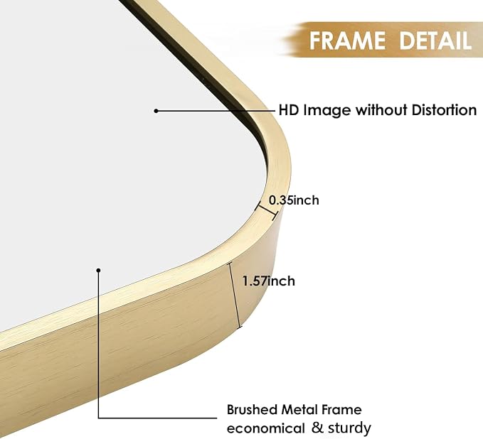 24x36 Inch Gold Bathroom Mirror, Brushed Gold Metal Framed Rectangular Mirror - Image 4