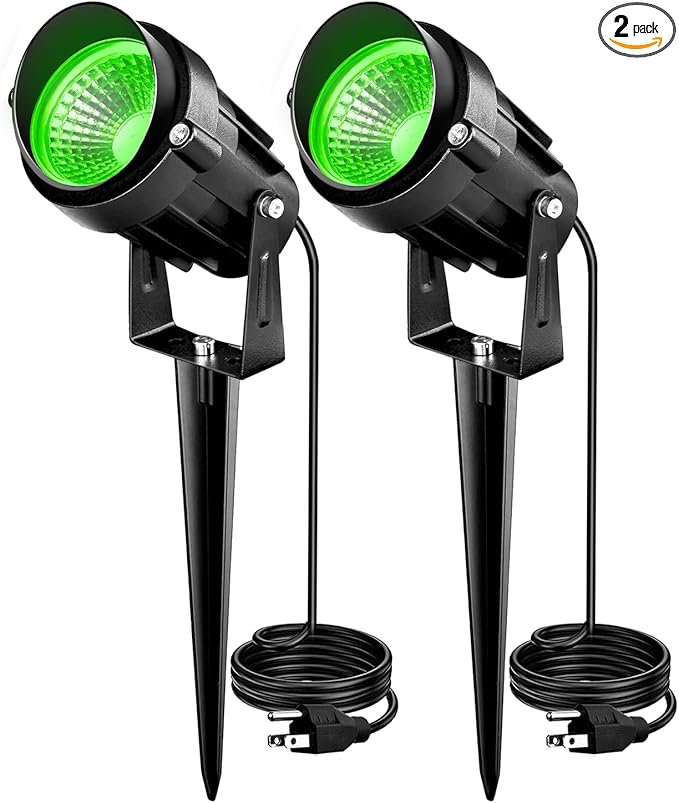 Christmas Green LED Spot Lights Landscape Lights Outdoor, 110v Plug in Landscape Lighting with IP66 Waterproof Halloween Spotlights for Garden Pathway Tree Pathway, 2 Pack7W Green LED Landscape Lights