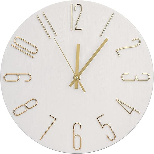Wall Clock 12 Inch Silent Non-Ticking Imitation Wood Indoor Clock Round White by BAKBRAND