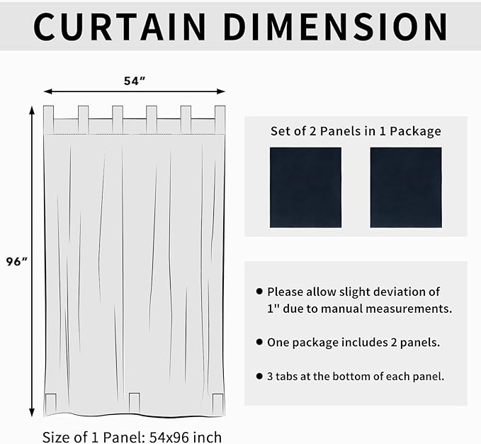 Easy-Going Outdoor Patio Curtains Detachable Tab Top Windproof Weatherproof Curtain for Cabana, Porch, Pergola and Gazebo, Tab Bottom Drape, 2 Panels, 54W x 96L inch, Navy