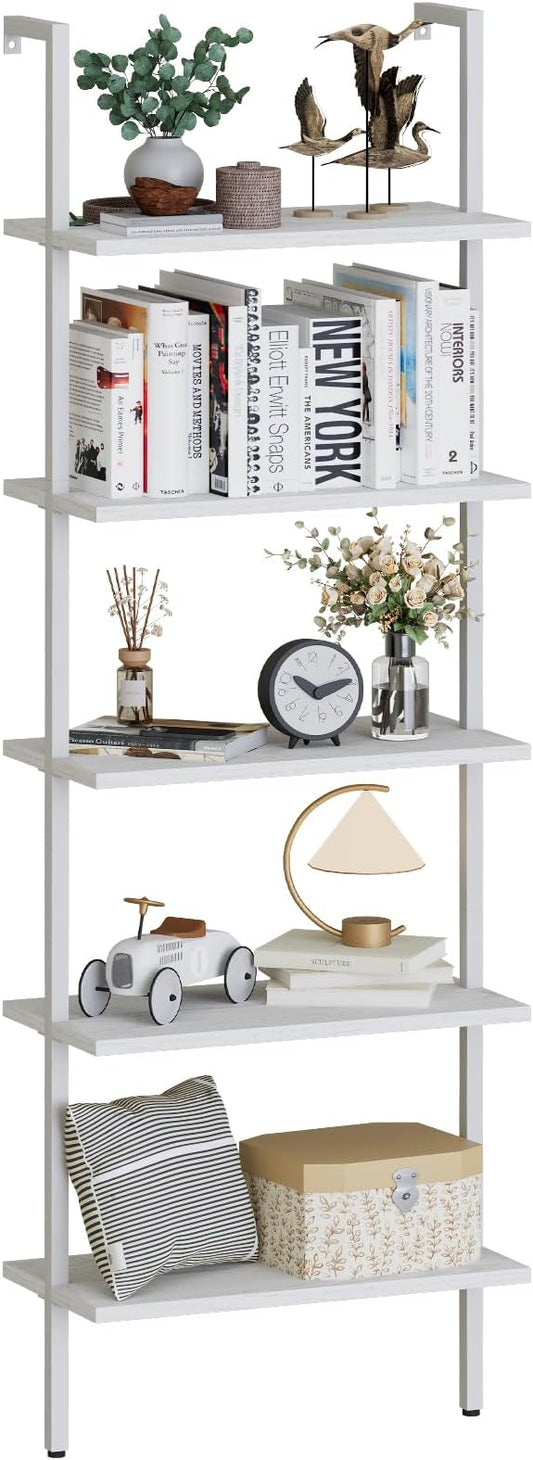 aboxoo Ladder Shelf White Wooden Bookshelf 5-Tier Wall-Mounted Open Wood Rack by aboxoo