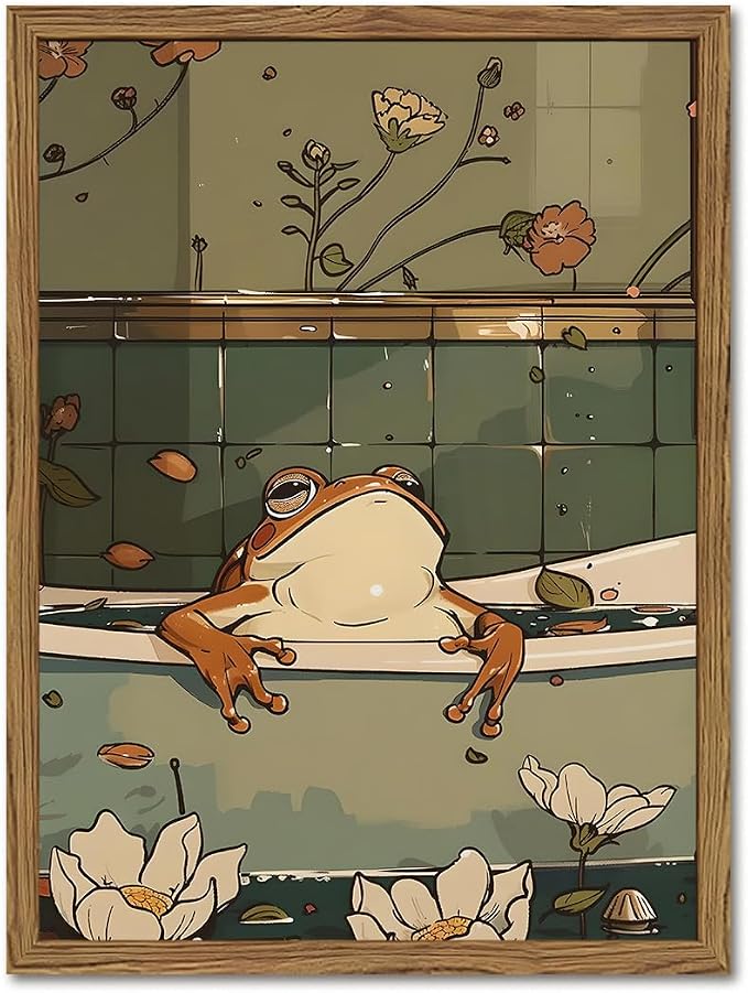 Funny Japanese Frog Bathroom Wall Art Whimsical Frog in Bathtub Wall Decor by YYNISPINWallArt