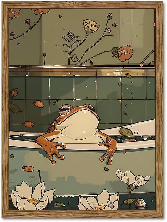 Funny Japanese Frog Bathroom Wall Art Whimsical Frog in Bathtub Wall Decor by YYNISPINWallArt