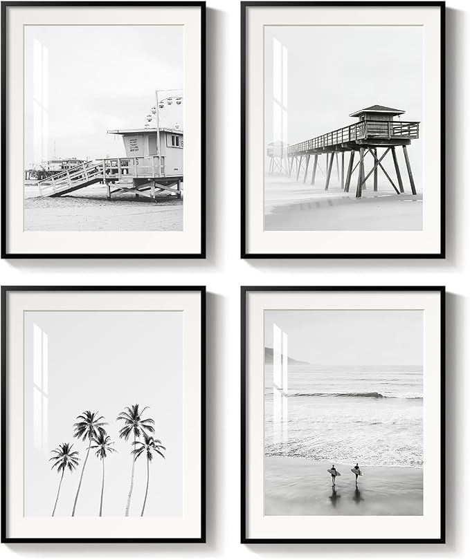 Framed Black and White Beach Wall Art, 4 Piece Coastal Photography Canvas by MXART