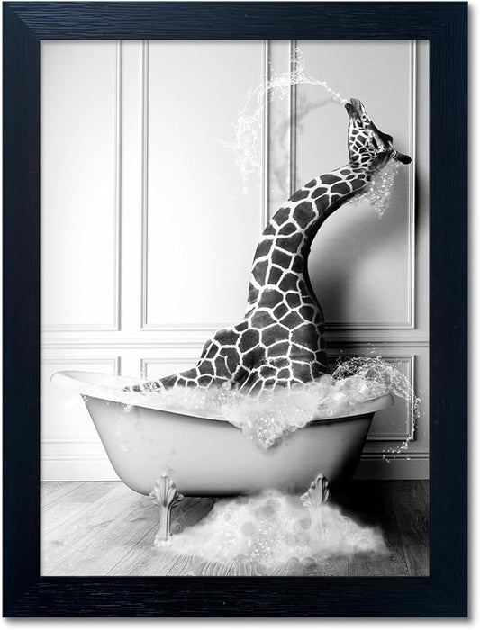 Black and White Bathroom Wall Art Funny Giraffe in Bathtub Wall Decor Framed by Melpa+Art