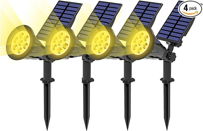 T-SUN Solar Spotlights, 7 LED Solar Lights Outdoor Waterproof, Auto ON/Off Adjustable Solar Garden Pond Lights for Tree, Patio, Yard, Garden, Driveway, Stairs, Pool Area (Yellow- 4 Pack)