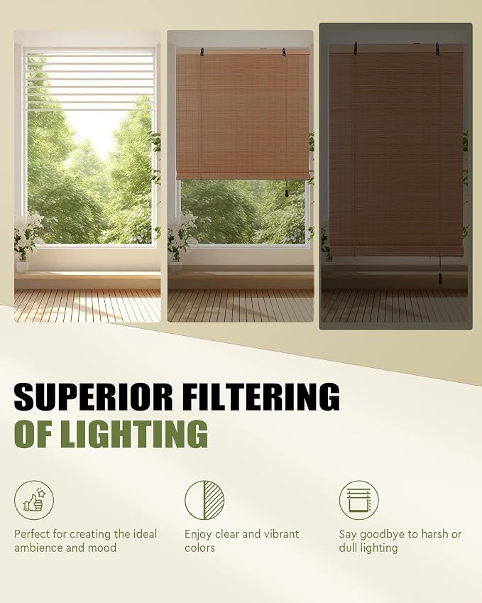 FoundGo Retro Bamboo Blinds 30" W x 64" H Bamboo Roman Shades Light Filtering - Image 2
