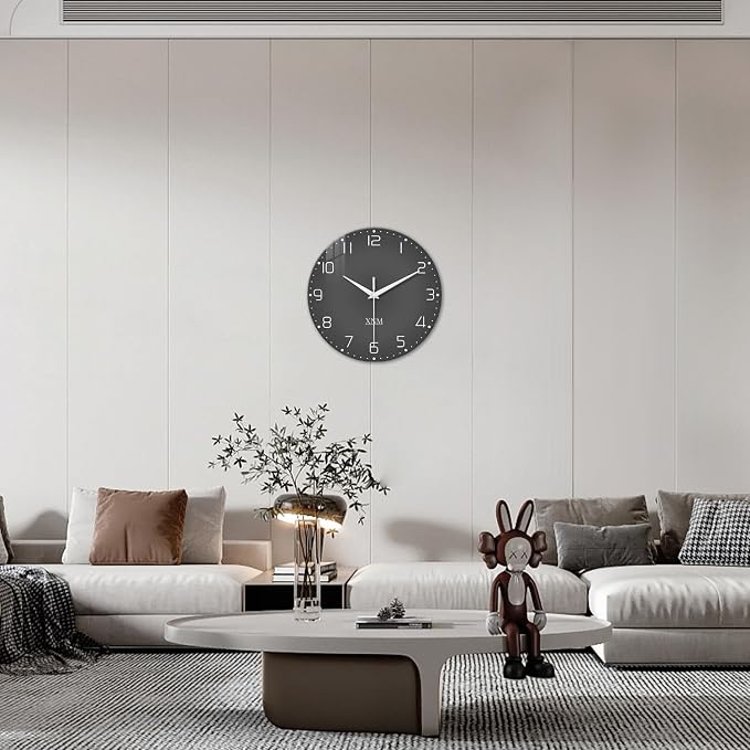 XNM Dark Grey Wall Clock for Bedroom Glass Modren Simple Wall Clock Battery - Image 2