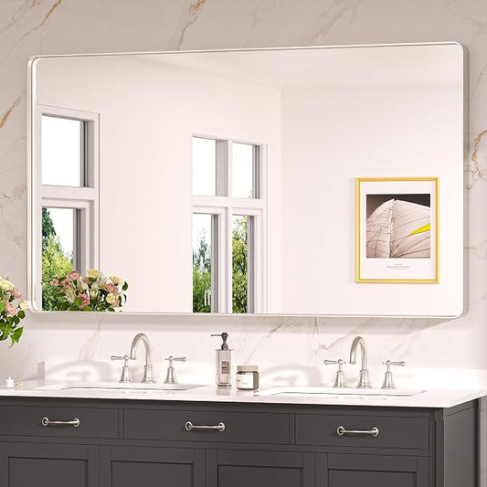 Keonjinn Brushed Nickel Mirror 60 x 36 Inch Large Silver Bathroom Mirror by Keonjinn