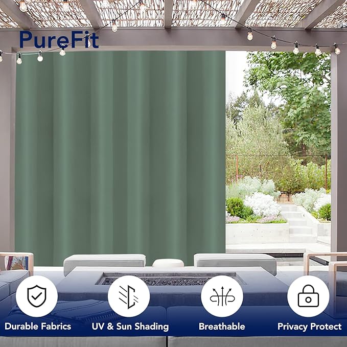 PureFit Outdoor Curtains for Patio Waterproof Weatherproof, UV Resistant Outside Curtains for Gazebo, Front Porch, Pergola, Sun Blocking Privacy Curtain, 100W x 84L inch, 1 Panel, Sage Green