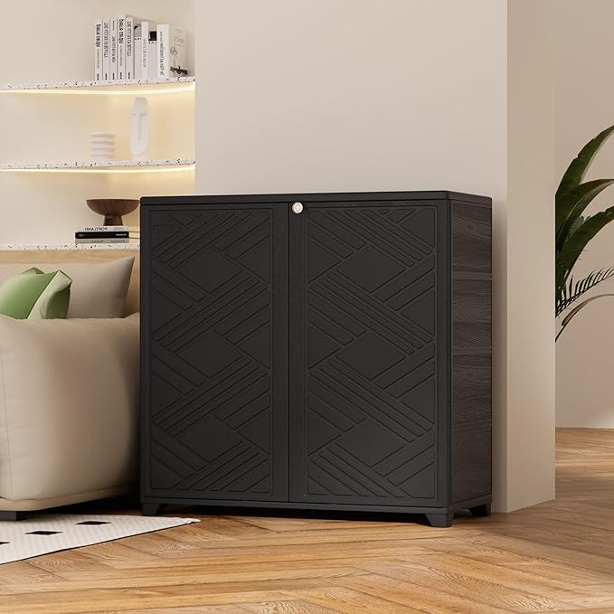 ADDOK Indoor Outdoor Plastic Storage Cabinet 34"x15"x34" with 1 Shelf, Outdoor Storage Shed for Living Room, Hallway, Balcony, Garage, Garden,Black