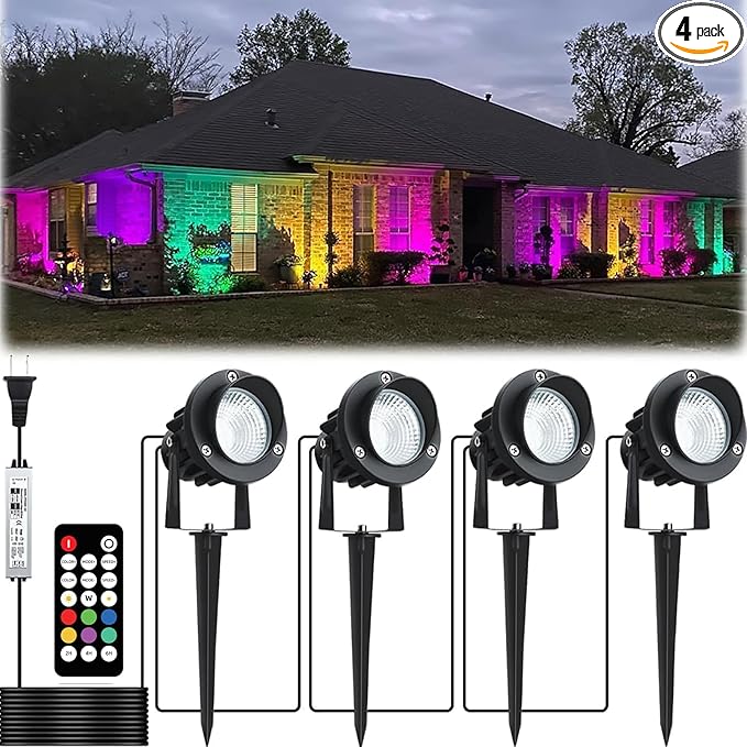 20W Outdoor RGB LED Spotlights 4 Pack, 120V 1000lm with Remote & Transformer, 12 Colors 19 Modes, IP65 Waterproof 46.5ft Cord, Landscape Lights for Yard Garden Christmas Halloween
