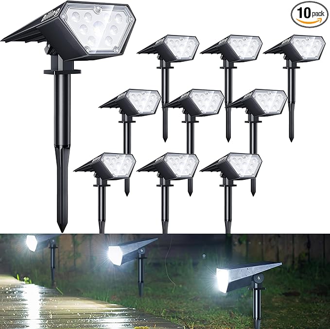Biling Solar Spot Lights - 2-in-1 Outdoor Landscape Lights, 12 LED Bulbs - Solar Powered, IP67 Waterproof & Adjustable for Patio, Pathway, Yard, Garden, Driveway & Pool