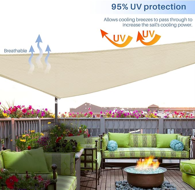 E&K Sunrise 25' x 25' x 25' Sun Shade Sail Triangle Canopy Shade Cover UV Block for Patio Backyard Garden Outdoor (Beige)