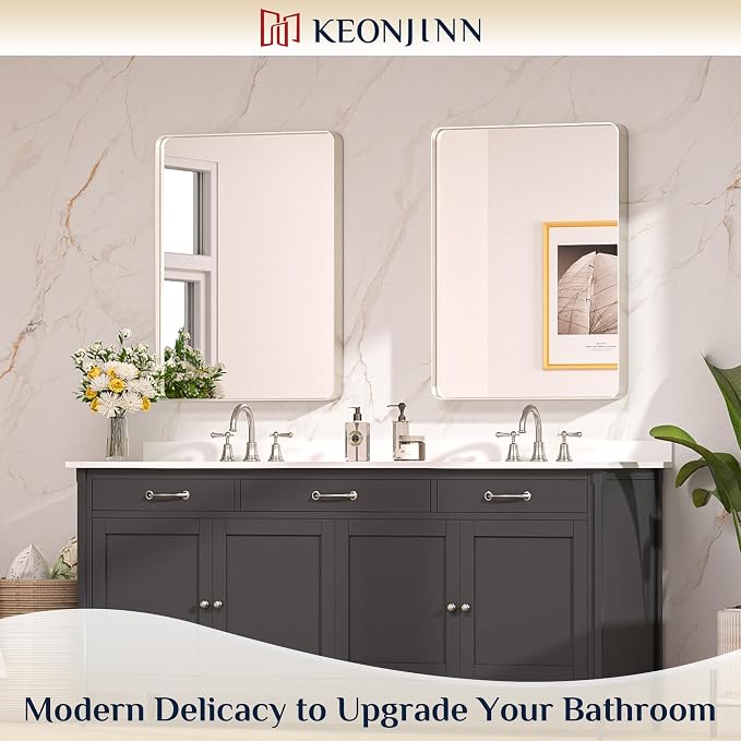 Keonjinn Brushed Nickel Mirror 24 x 32 Inch Silver Bathroom Mirror - Image 2