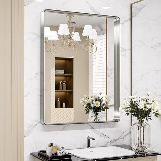 LOAAO 24X32 Inch Brushed Nickel Bathroom Mirror, Rounded Rectangle Silver Metal by LOAAO