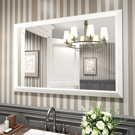 Amorho Bathroom Mirror, 48X32 Inch White Thick Metal Framed Wall Mirrors by Amorho