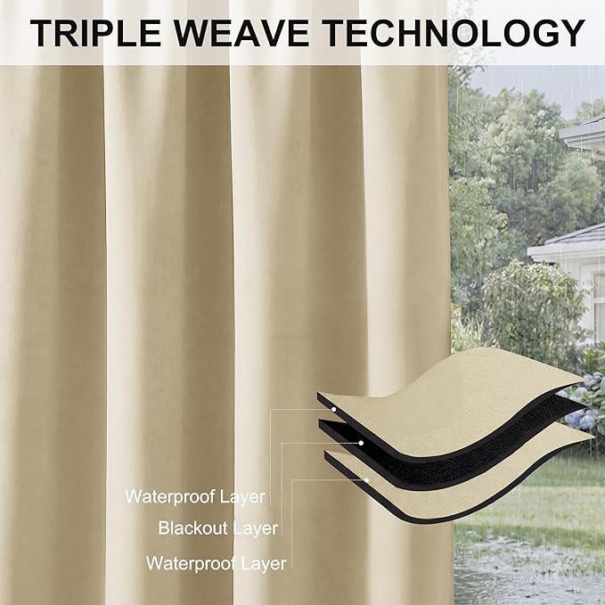 RYB HOME Extra Wide Outdoor Curtains for Patio Waterproof Heavy Duty Thermal Insulated in Summer Full Coverage Privacy for Gazebo, Cabana & Pergola, W100 x L90, Biscotti Beige, 1 Panel