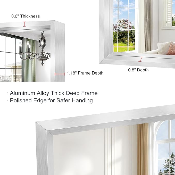 60"x28" Brushed Silver Bathroom Mirror, Large Rectangular Mirror - Image 6