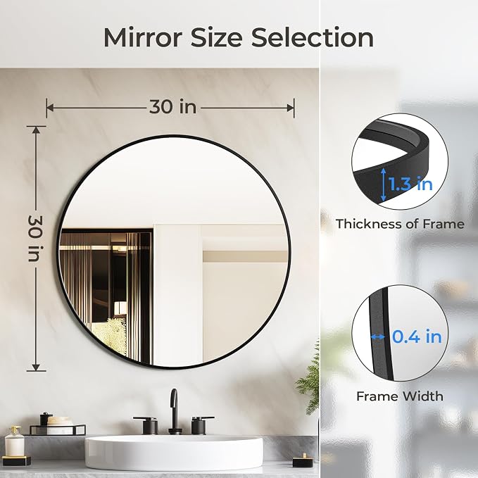 USHOWER Bathroom Mirrors for Over Sink, 30 Inch Circle Mirror - Image 4