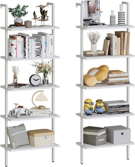 aboxoo Ladder Shelf 2 PCS White Bookshelf 5-Tier Wooden Open Shelf Wall-Mounted by aboxoo