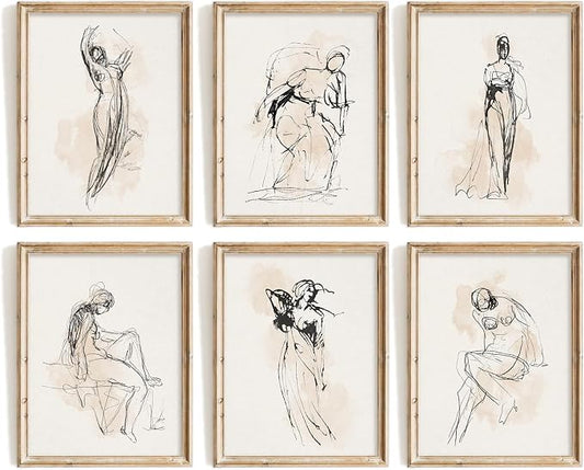 Vodefoad Figure Sketch Art Print Neutral Gallery Wall 6Pcs Set Soft feminine by VodefoadVintageWallArt
