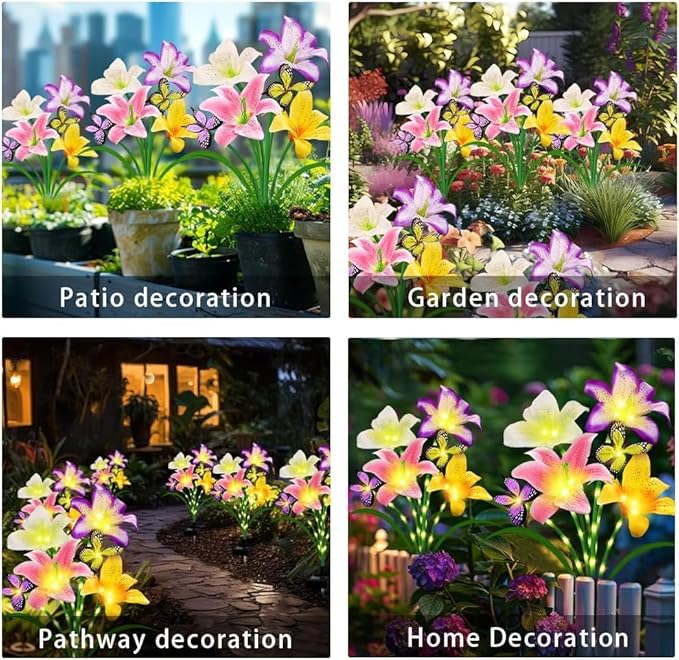 Solar Garden Lights 2 Pack with 8 lilies Outdoor Decorative flower Lights for Garden, Birthday Gift for family and Friends, IP65 Waterproof flower Solar Outdoor Stake Light for Yard Patio Lawn Pathway