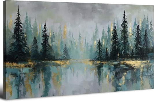 Green Forest Wall Art Vintage Fog Pine Trees Landscape Wall Decor Nature Green by HOME