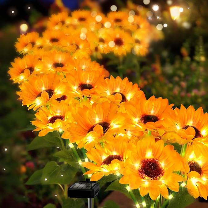 Solar Sunflower Lights 2 Pack with 12 Outdoor Decorative Lights, Birthday Gift for Mom and Friends, IP65 Waterproof Sunflower Garden Stake Lights for Yard Patio Lawn Pathway (Warm White)