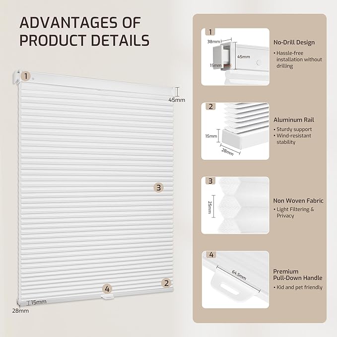 Grandekor No Tools No Drill Cordless Cellular Shades, 33.5" W × 64" H, Light - Image 9
