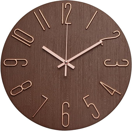 Wall Clock 12 Inch Silent Non-Ticking Imitation Wood Indoor Clock Round Brown by BAKBRAND